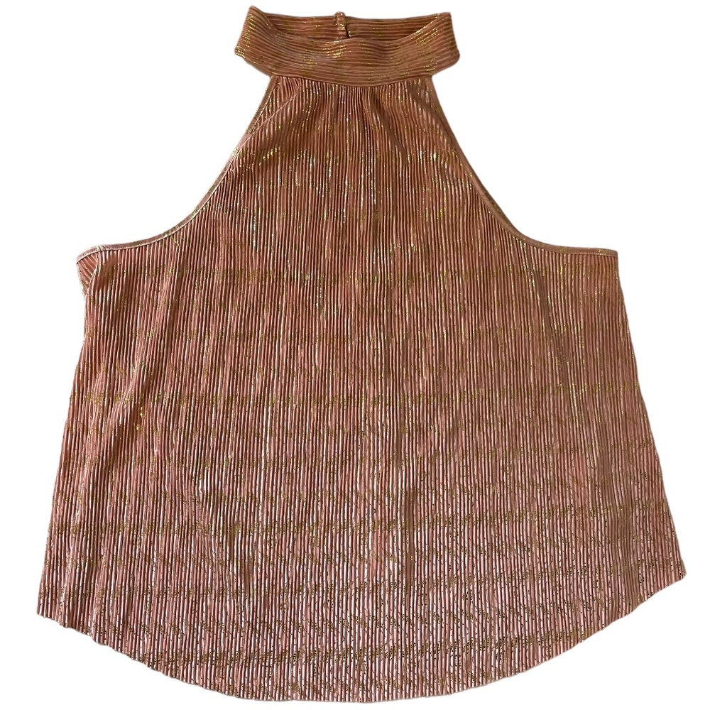 Anthropologie Vickie Pink Metallic Gold Pleated Halter Button Back Top Size S‎